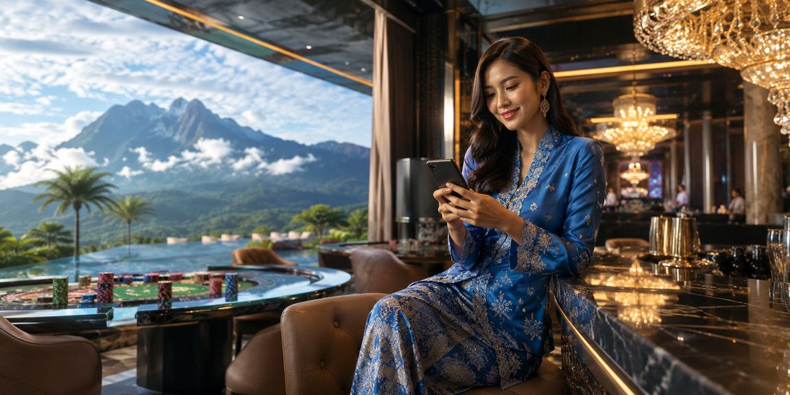Pemain wanita Sabah dalam baju kurung menggunakan aplikasi kasino mudah alih